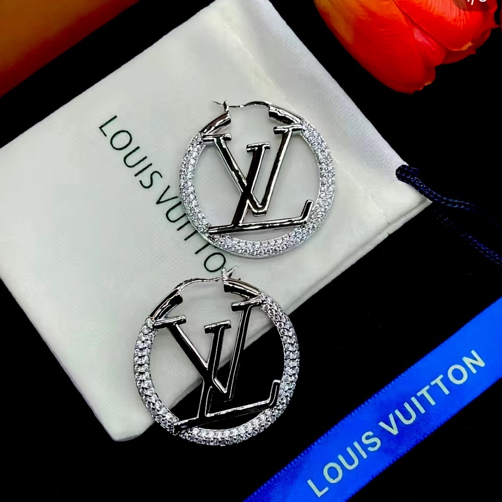 Silver 3cm LV Hoop Earrings - Picture 3 of 3